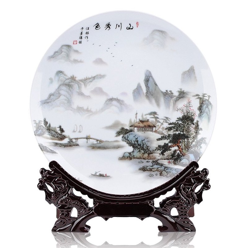 景德镇陶瓷器 粉彩山水画装饰盘子 挂盘 现代古典家饰工艺品摆件 装饰用品/礼品 【价格 图片 品牌 报价】-苏宁易购